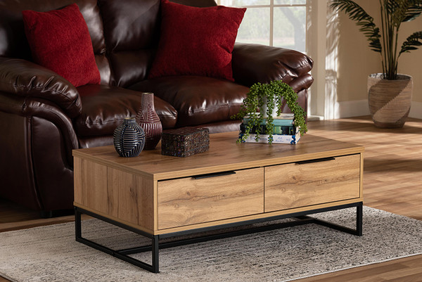 Baxton Studio Franklin Modern And Contemporary Oak Brown Finished Wood And Black Finished Metal 2 Drawer Coffee Table Ct8007 Oak Ct By Wholesale Interiors