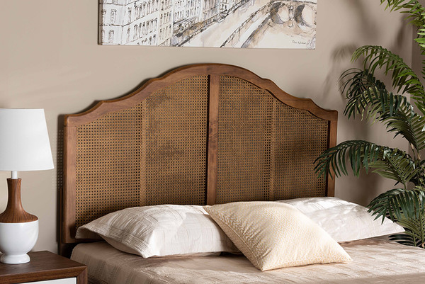 Baxton Studio Iris Vintage Classic And Traditional Ash Walnut Finished Wood And Synthetic Rattan Queen Size Arched Headboard Mg9741 Ash Walnut Rattan Hb Queen By Wholesale Interiors