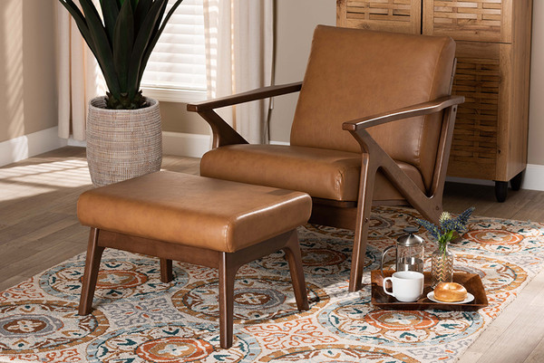 Baxton Studio Bianca Mid Century Modern Walnut Brown Finished Wood And Tan Faux Leather Effect 2 Piece Lounge Chair And Ottoman Set Bianca Tan Walnut Brown 2Pc Set By Wholesale Interiors