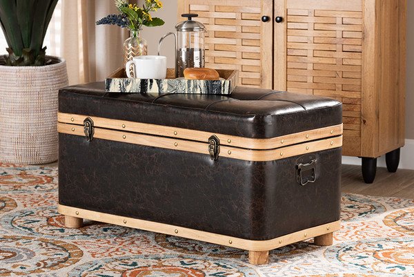 Baxton Studio Gendry Modern Rustic Transitional Dark Brown Faux Leather Upholstered And Oak Brown Finished Wood Large Storage Ottoman Jy20B054L Dark Brown Large Otto By Wholesale Interiors