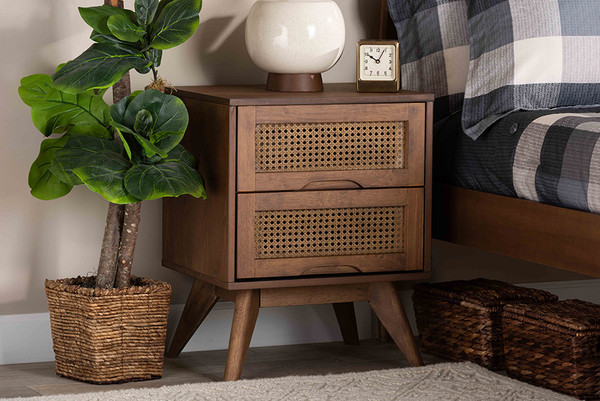 Baxton Studio Barrett Mid Century Modern Walnut Brown Finished Wood And Synthetic Rattan 2 Drawer Nightstand Mg9001 Rattan 2Dw Ns By Wholesale Interiors