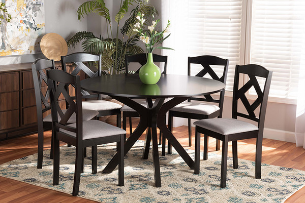Baxton Studio Carlin Modern Transitional Grey Fabric Upholstered And Dark Brown Finished Wood 7 Piece Dining Set Carlin Grey Dark Brown 7Pc Dining Set By Wholesale Interiors