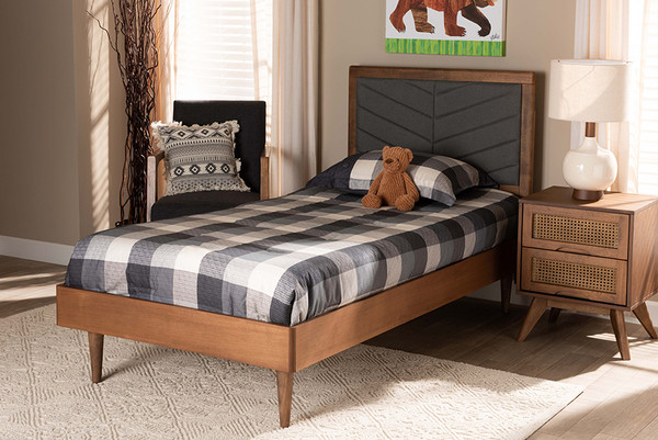 Baxton Studio Tasha Mid Century Modern Dark Grey Fabric Upholstered And Walnut Brown Finished Wood Twin Size Platform Bed Tasha Dark Grey Walnut Twin By Wholesale Interiors