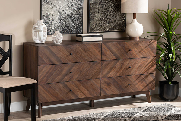 Baxton Studio Hartman Mid Century Modern Walnut Brown Finished Wood 6 Drawer Dresser Lv23Cod23232Wi Columbia 6Dw Dresser By Wholesale Interiors