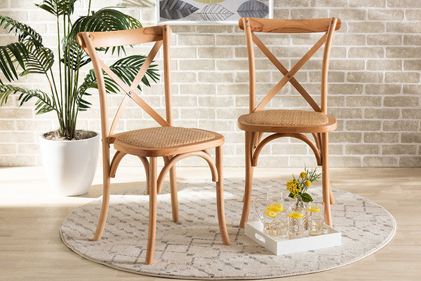 Baxton Studio Tartan Mid Century Modern Brown Woven Rattan And Wood 2 Piece Dining Chair Set Fc02 Natural Wood Beechwood Rattan Dc By Wholesale Interiors