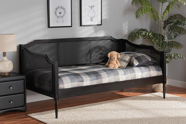 Baxton Studio Hancock Mid Century Modern Charcoal Finished Wood And Synthetic Rattan Twin Size Daybed Mg0075 Black Rattan Black Daybed By Wholesale Interiors