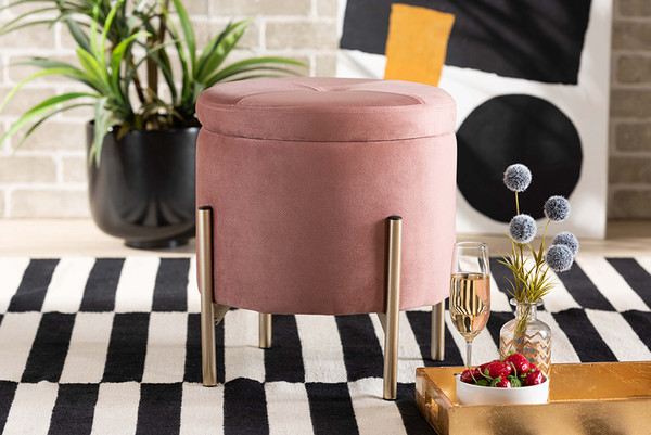 Baxton Studio Malina Contemporary Glam And Luxe Pink Velvet Fabric Upholstered And Gold Finished Metal Storage Ottoman Fzd200335 Blush Pink Velvet Ottoman By Wholesale Interiors