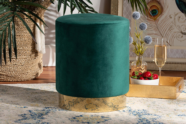 Baxton Studio Chaela Contemporary Glam And Luxe Green Velvet Fabric Upholstered And Gold Finished Metal Ottoman Fzd020219 Green Velvet Ottoman By Wholesale Interiors