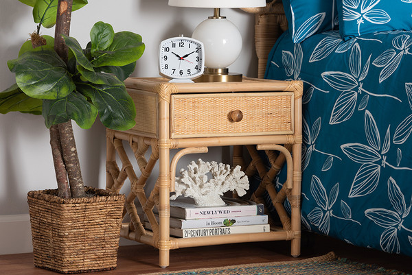 Bali Pari Camara Modern Bohemian Natural Brown Rattan 1 Drawer Nightstand Ws001 Rattan Ns By Wholesale Interiors