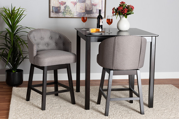 Baxton Studio Theron Mid Century Transitional Grey Fabric And Espresso Brown Finished Wood 2 Piece Swivel Counter Stool Set Bbt5210C Grey Dark Brown Cs By Wholesale Interiors