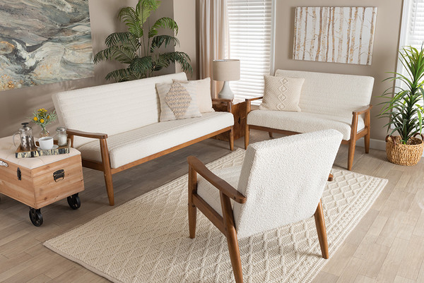 Baxton Studio Stratton Mid Century Modern Cream Boucle Fabric And Walnut Brown Finished Wood 3 Piece Living Room Set Bbt8013 16 Maya Cream Walnut 3Pc Set By Wholesale Interiors