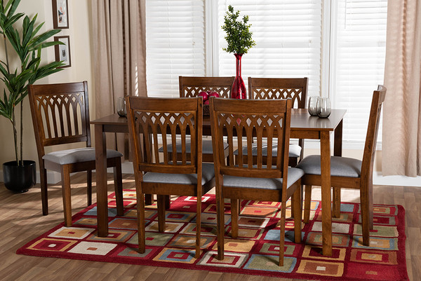 Baxton Studio Genesis Modern Grey Fabric And Walnut Brown Finished Wood 7 Piece Dining Set Rh389C Grey Walnut 7Pc Dining Set By Wholesale Interiors