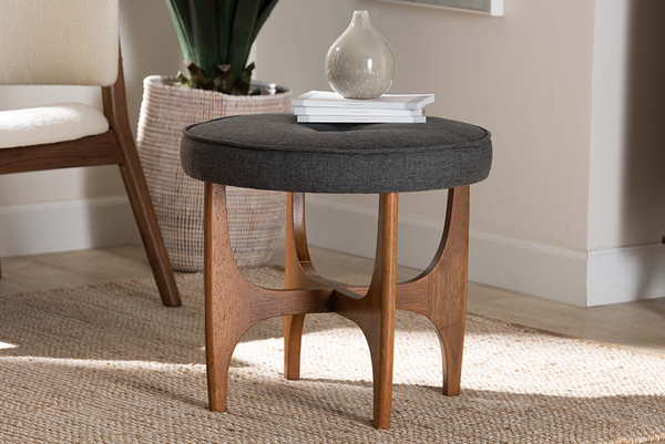 Baxton Studio Theo Japandi Dark Grey Fabric And Walnut Brown Finished Wood Ottoman Footstool Bbt5456 Dark Grey Walnut Stool By Wholesale Interiors