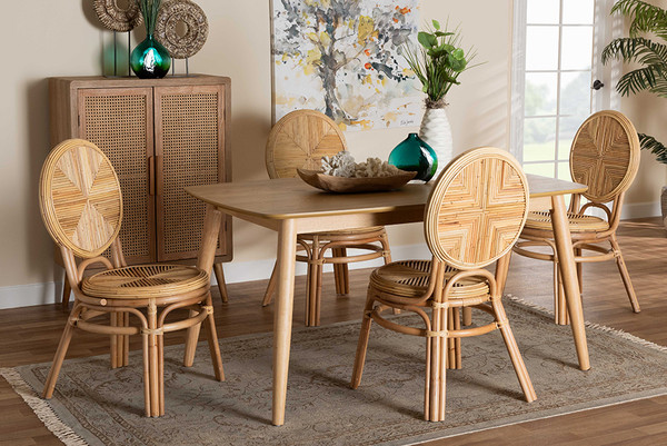 Baxton Studio Carita Modern Bohemian Natural Brown Rattan 5 Piece Dining Set Kyg017C Natural 5Pc Dining Set By Wholesale Interiors