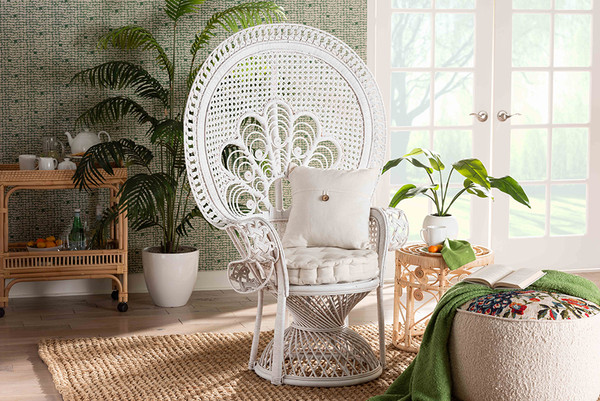 Bali Pari Ediva Modern Bohemian White Natural Rattan Peacock Accent Chair Peacock 001 Rattan White Ac By Wholesale Interiors