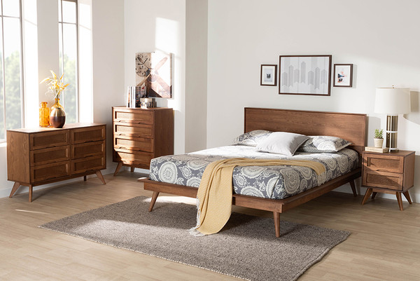 Baxton Studio Melora Mid Century Modern Walnut Brown Finished Wood And Rattan Full Size 4 Piece Bedroom Set Mg0004 Ash Walnut Full 4Pc Bedroom Set By Wholesale Interiors