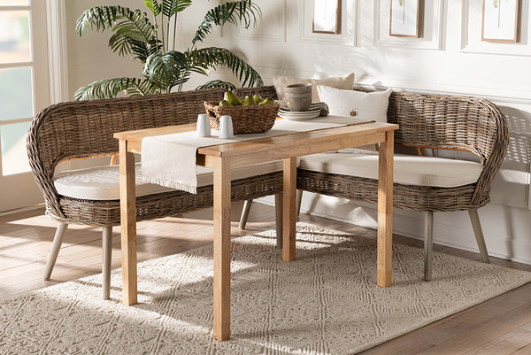 Baxton Studio Raisa Modern Bohemian Natural Kubu Rattan Bench And Wood Table 3 Piece Dining Nook Set Mona Kubu Grey Natural Light Brown 3Pc Dining Set By Wholesale Interiors