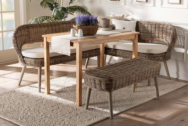 Baxton Studio Raisa Modern Bohemian Natural Kubu Rattan Bench And Wood Table 4 Piece Dining Nook Set Mona Kubu Grey Natural Light Brown 4Pc Dining Set By Wholesale Interiors