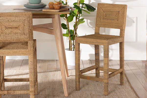 Bali Pari Anfield Modern Bohemian Natural Seagrass And Mahogany Wood Counter Stool Anfield Sh60 Mahogany Seagrass Cs By Wholesale Interiors