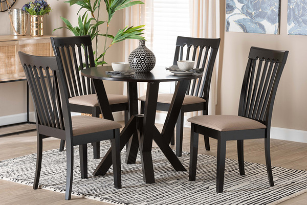 Baxton Studio Marian Modern Sand Fabric And Dark Brown Finished Wood 5 Piece Dining Set Gwen Sand Dark Brown 5Pc Dining Set By Wholesale Interiors