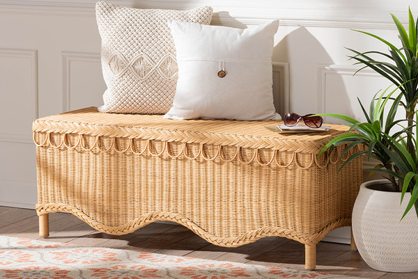 Bali Pari Erla Bohemian Light Honey Rattan Accent Bench With Scallop Border Indiana Light Honey Rattan Bench By Wholesale Interiors