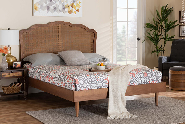 Baxton Studio Camden Mid Century Walnut Brown Wood And Rattan King Size Platform Bed Mg9773 1 97151 King By Wholesale Interiors