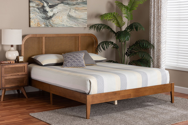 Baxton Studio Fleur Mid Century Woven Rattan Wood Queen Size Bed Bbt61173 Walnut Wood Queen Bed By Wholesale Interiors