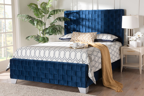 Baxton Studio Emlyn Glam And Luxe Navy Blue Velvet Fabric Queen Size Panel Bed Emlyn Navy Blue Queen By Wholesale Interiors