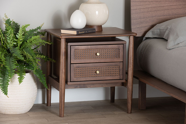 Baxton Studio Alyssa Japandi Walnut Brown Wood 2 Drawer Nightstand Woven With Rattan Sw8000 86Ns Walnut Nightstand By Wholesale Interiors