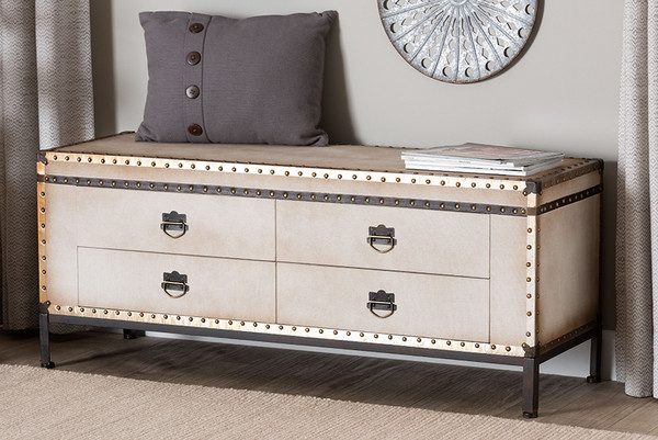 Baxton Studio Heaton Vintage Weathered White Canvas 4 Drawer Storage Bench Jy24A052 White Canvas Bench By Wholesale Interiors