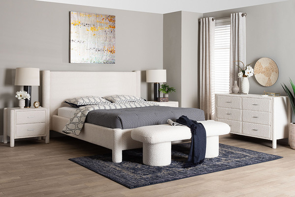 Baxton Studio Laria Modern White Teddy Bear Fabric Queen Size 5 Piece Bedroom Set Bbt61176 A1 White Queen 5Pc Bedroom Set By Wholesale Interiors