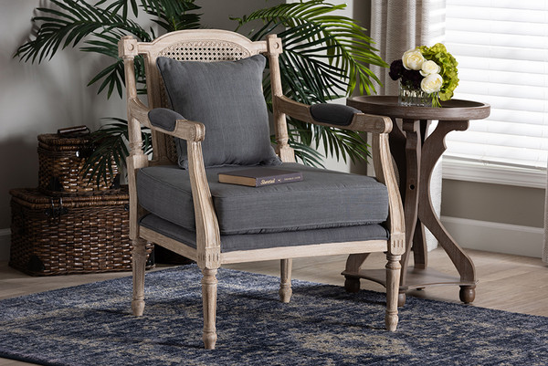 Baxton Studio Clemence French Provincial Grey Fabric Whitewashed Mahogany Wood Armchair Sea63 Grey Chair By Wholesale Interiors