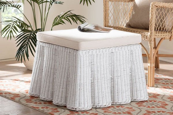Bali Pari Palm Bohemian White Scallop Rattan Ottoman Palm White Rattan Ottoman W Cushion By Wholesale Interiors