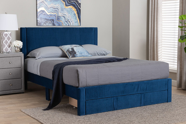 Baxton Studio Elora Modern Navy Blue Pleated Velvet Queen Size Storage Bed Cfsp0839 A Navy Blue Queen By Wholesale Interiors