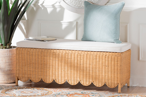 Bali Pari Teresa Bohemian Light Honey Scalloped Rattan Ottoman Bench Teresa Rectangle Light Honey Rattan Cushioned Ottoman By Wholesale Interiors