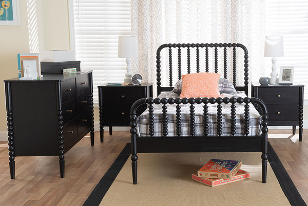 Baxton Studio Lucera Mid Century Black Twin Size 4 Piece Bobbin Bedroom Set Mg0110 4 Black Twin 4Pc Bedroom Set By Wholesale Interiors