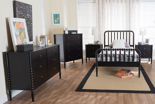Baxton Studio Lucera Mid Century Black Full Size 5 Piece Bobbin Bedroom Set Mg0110 4 Black Full 5Pc Bedroom Set By Wholesale Interiors