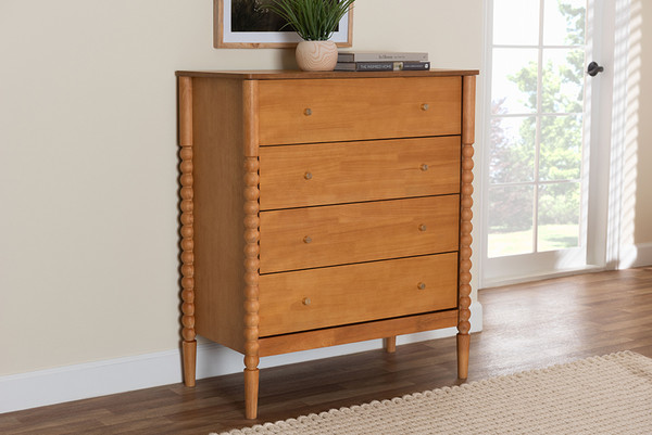 Baxton Studio Lucera Mid Century Oak Brown Bobbin Wood 4 Drawer Chest Mg9011 Nt Oak 4Dw Chest By Wholesale Interiors