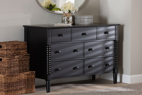 Baxton Studio Braith Farmhouse Black Spindle Wood 7 Drawer Dresser Sw8000 88D7D Black Dresser By Wholesale Interiors