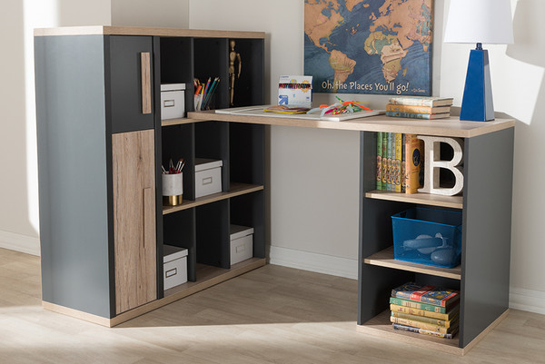 Baxton Studio Pandora Modern And Contemporary Dark Grey And Light Brown Two Tone Study Desk With Built In Shelving Unit Wt970010 Dark Grey White Oak By Wholesale Interiors