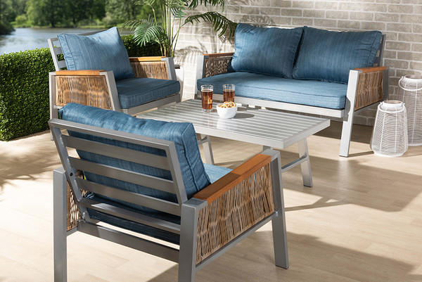 Baxton Studio Nicholson Modern And Contemporary Blue Fabric Upholstered And Grey Finished Metal With Brown Finished Pe Rattan 4 Piece Outdoor Patio Lounge Set Mlm 210477 Blue By Wholesale Interiors