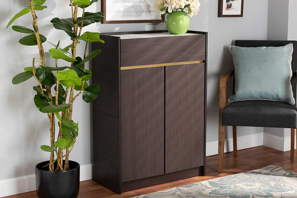 Baxton Studio Walker Modern And Contemporary Dark Brown And Gold Finished Wood Shoe Cabinet With Faux Marble Top Lv25Sc2515 Modi Wenge Marble Shoe Cabinet By Wholesale Interiors