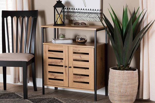 Baxton Studio Vander Modern And Contemporary Oak Brown Finished Wood And Black Metal 2 Door Shoe Cabinet Mp007 Wotan Oak Shoe Cabinet By Wholesale Interiors