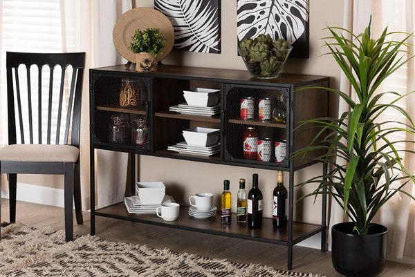 Baxton Studio Cardea Modern Industrial Walnut Brown Finished Wood And Black Metal 2 Door Sideboard Lcf20247 Wood Metal Sideboard By Wholesale Interiors