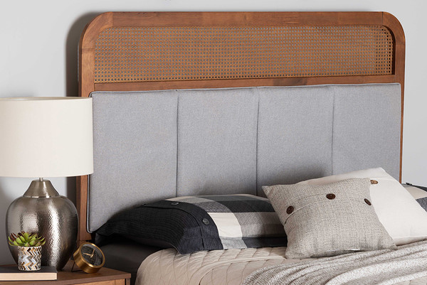Baxton Studio Esti Mid Century Modern Light Grey Fabric And Ash Walnut Finished Wood King Size Headboard With Rattan Mg9796 Light Grey Ash Walnut Rattan Hb King By Wholesale Interiors