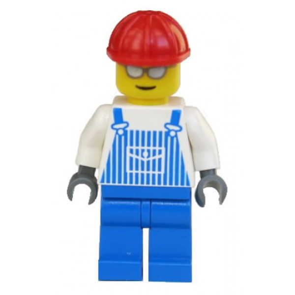 Lego Overalls Striped Blue With Pocket Blue Legs Red Construction Helmet Silver Glasses And Eyebrows Ovr030