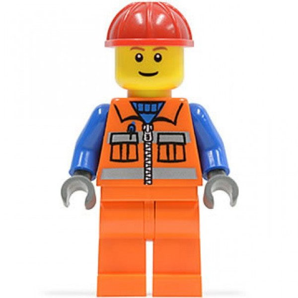 Lego Construction Worker Orange Zipper Safety Stripes Blue Arms Orange Legs Red Construction Helmet 7243 Cty014