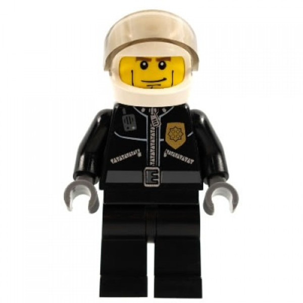 Lego Police City Leather Jacket With Gold Badge And Police On Back White Helmet Trans Black Visor Cheek Lines Cty230