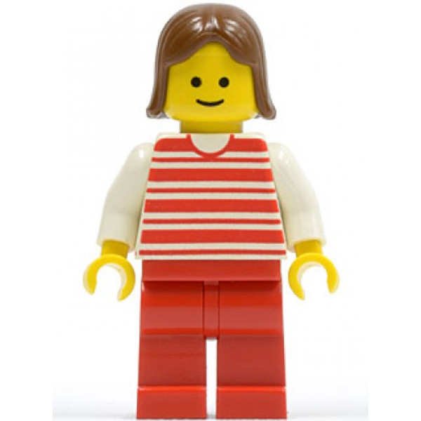 Lego Horizontal Lines Red White Arms Red Legs Brown Female Hair Hor021