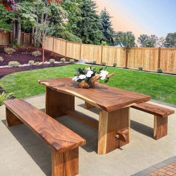 Dining Set Of 3 , Live Edge, Suar Wood, Dining Table With 2 Natural Benches 79 Inch 12019155 By AFD